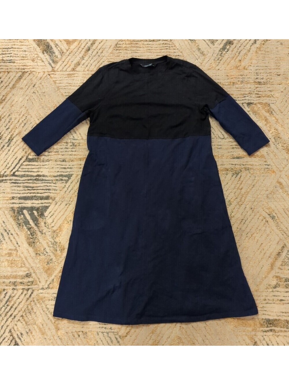 EShakti Navy Blue Black Colorblock 3/4 Sleeve A-Line Dress Large 14 Blue Line
